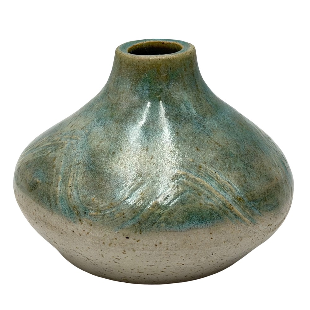 Studio Pottery Bud Vase Teal Green Speckled Cream Signed Heart Artisan Ceramic - Picture 2 of 6
